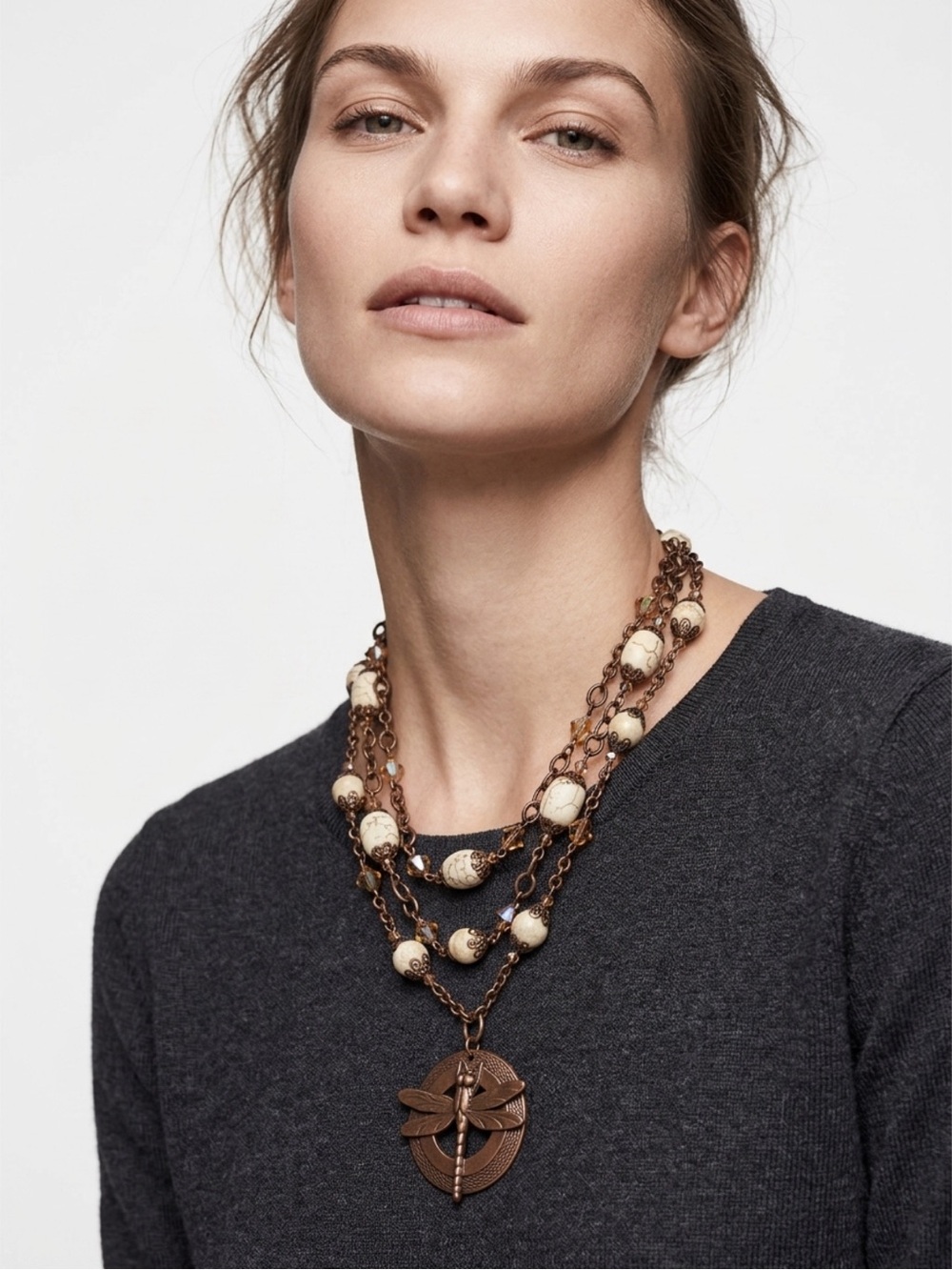 Dragonfly Pendant Necklace with Beads and Matching Earrings